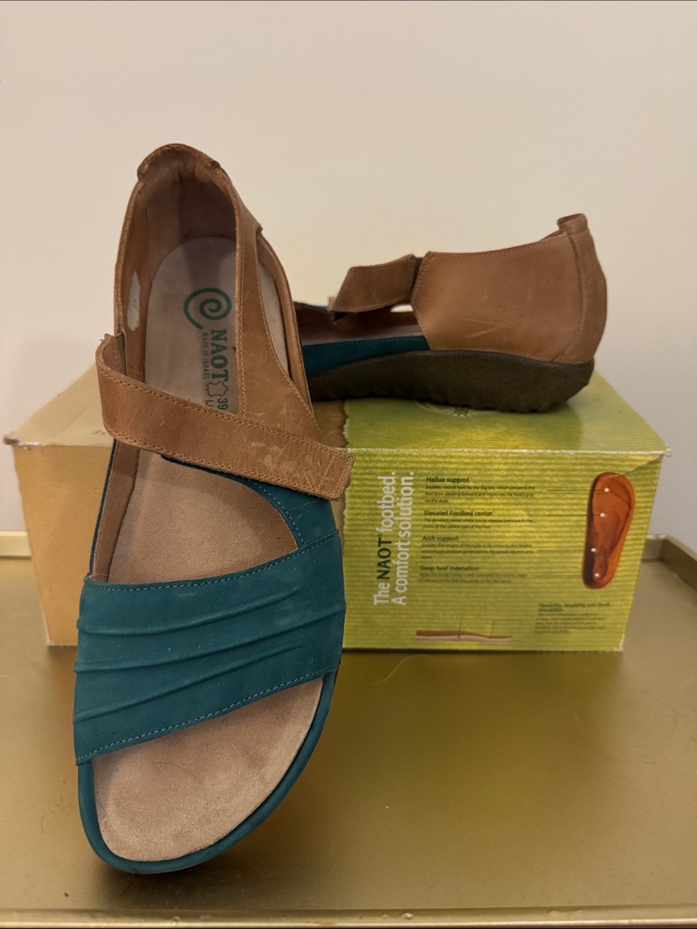 Naot Teal and Tan Mary Jane-Style Leather Clog